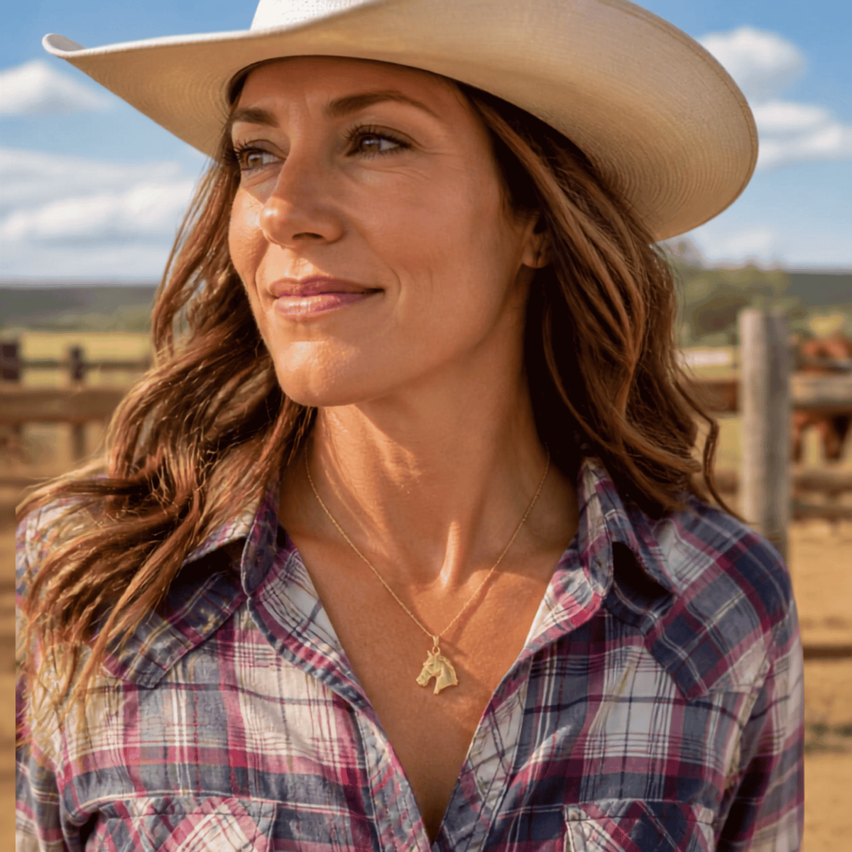 Woman in a light cowboy hat and Western plaid shirt wearing a 14K yellow gold horse face charm pendant at a ranch