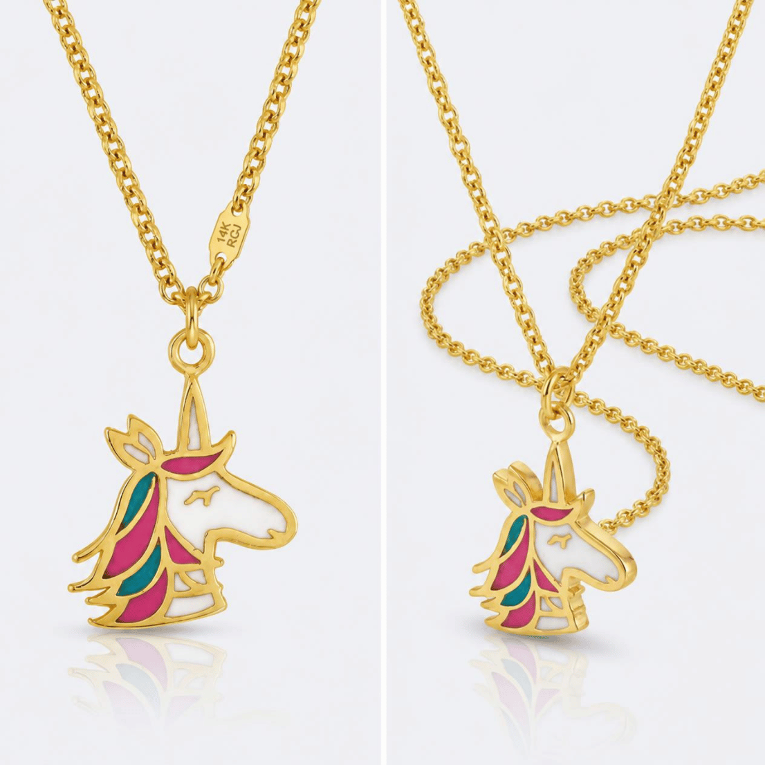 Two views of a gold unicorn pendant necklace with pink and teal enamel detailing, shown on a clean white background.