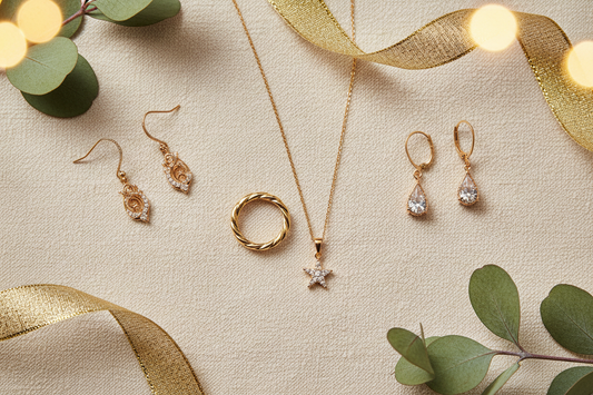 Gold jewelry holiday gift guide featuring 10K, 14K, and 18K gold rings, necklaces, and earrings from Savannah Lane Jewelry