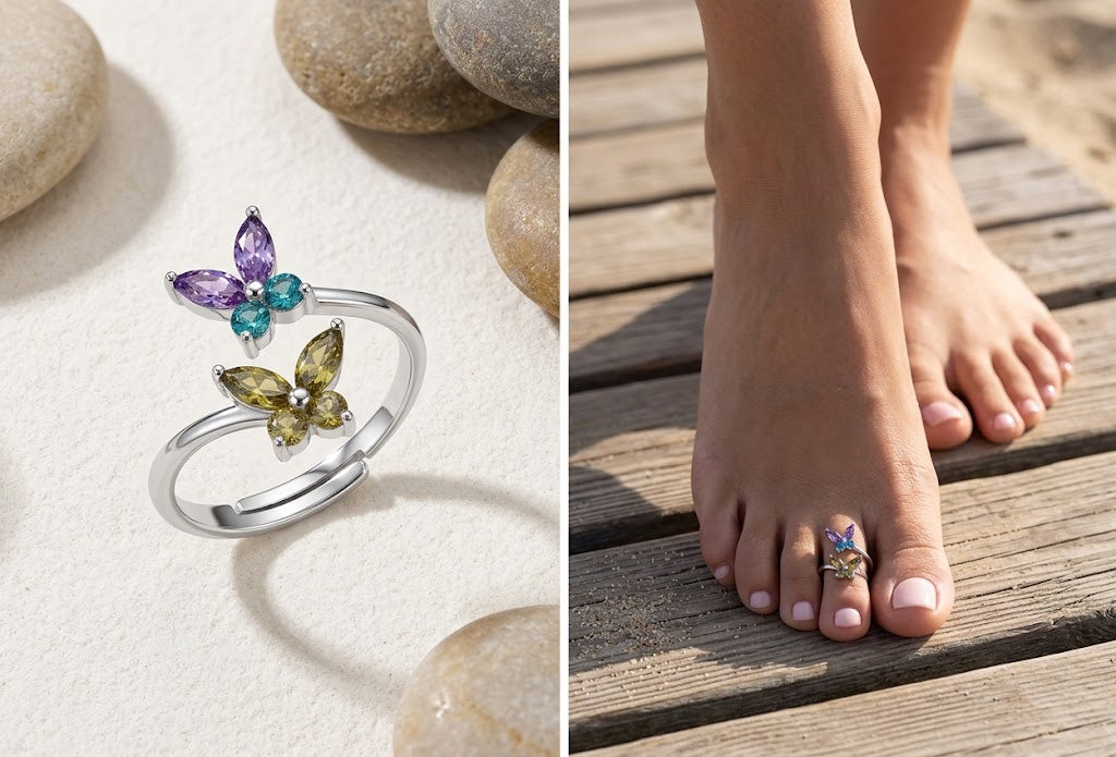 Model wearing an adjustable dual butterfly toe ring on wooden boardwalk, summer foot jewelry
