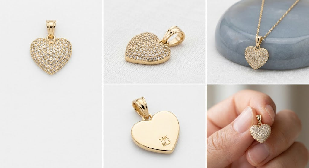 14k yellow gold diamond cut pave heart charm collection background - Savannah Lane Jewelry