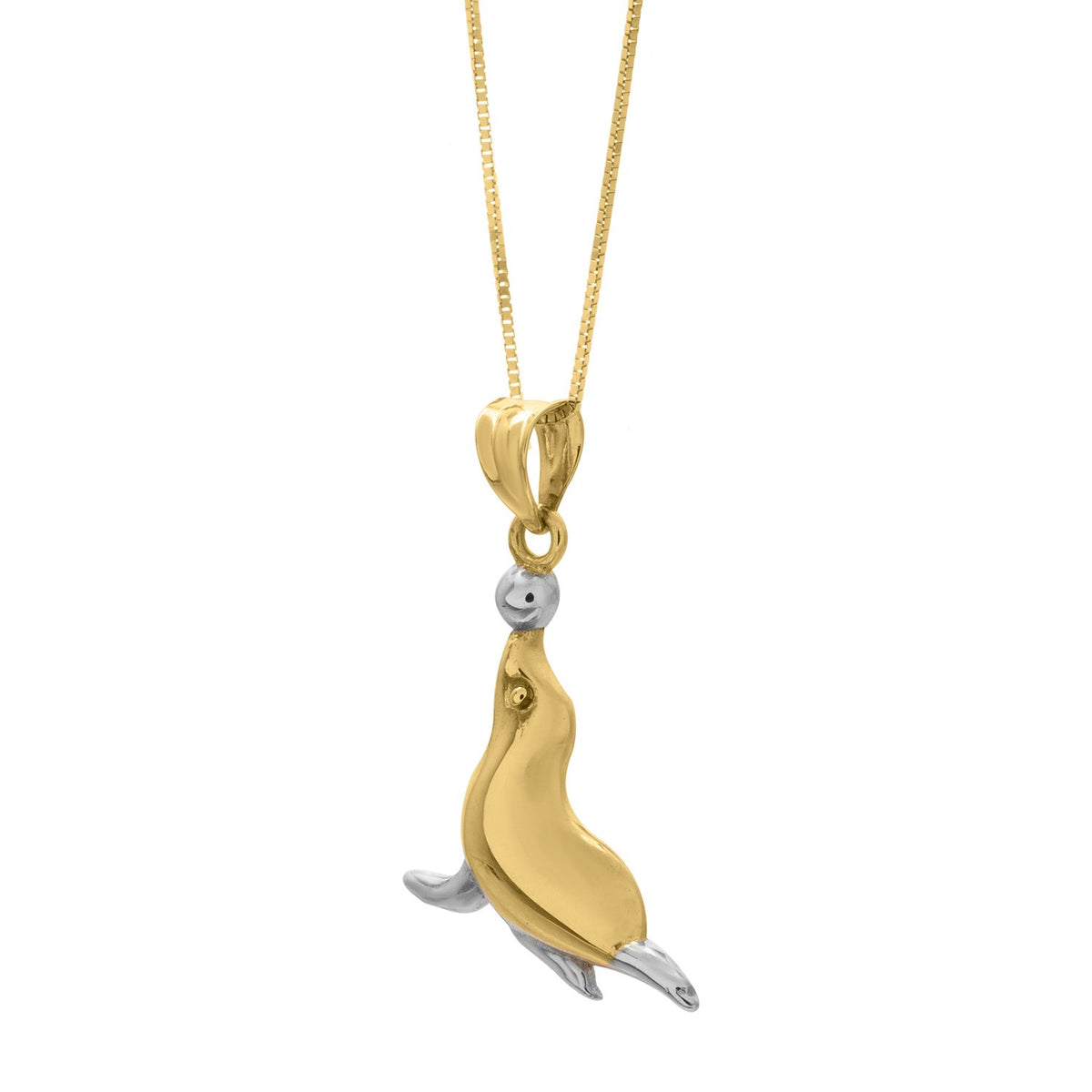 10K yellow and white gold seal pendant close-up on chain