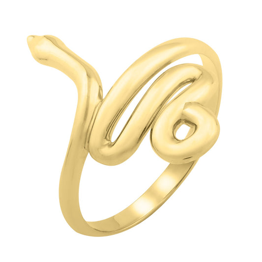 14K yellow gold serpent snake ring, coiled design with polished finish, studio white background found at savannah lane jewelry