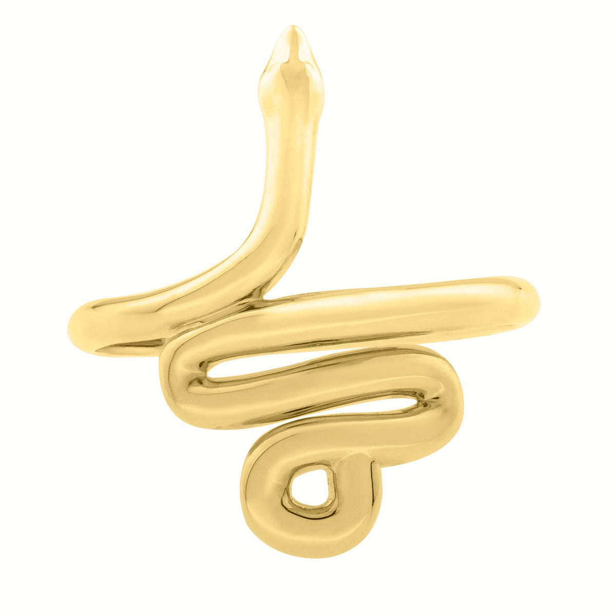 14K yellow gold snake ring detail view showing serpent head and coiled body, polished finish