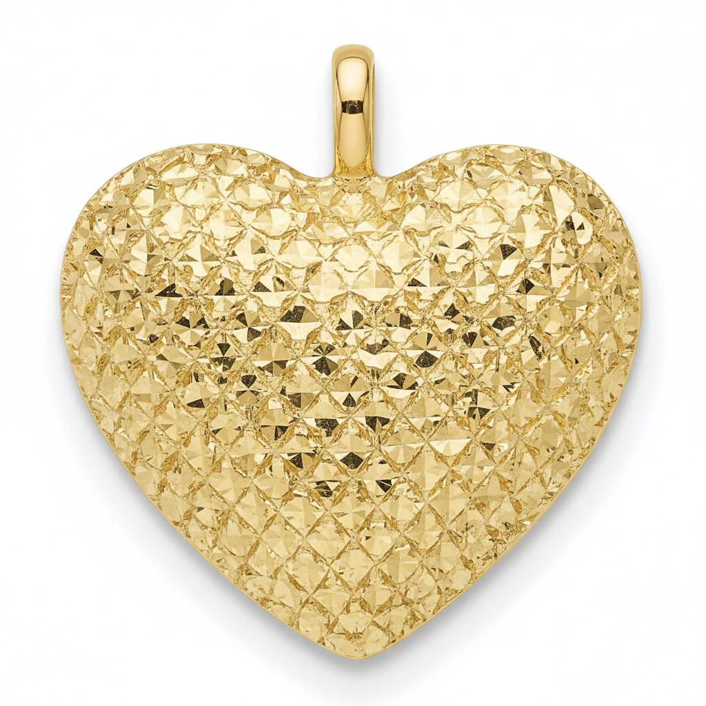 Close-up of 14K yellow gold diamond-cut pave heart charm showing sparkle detail