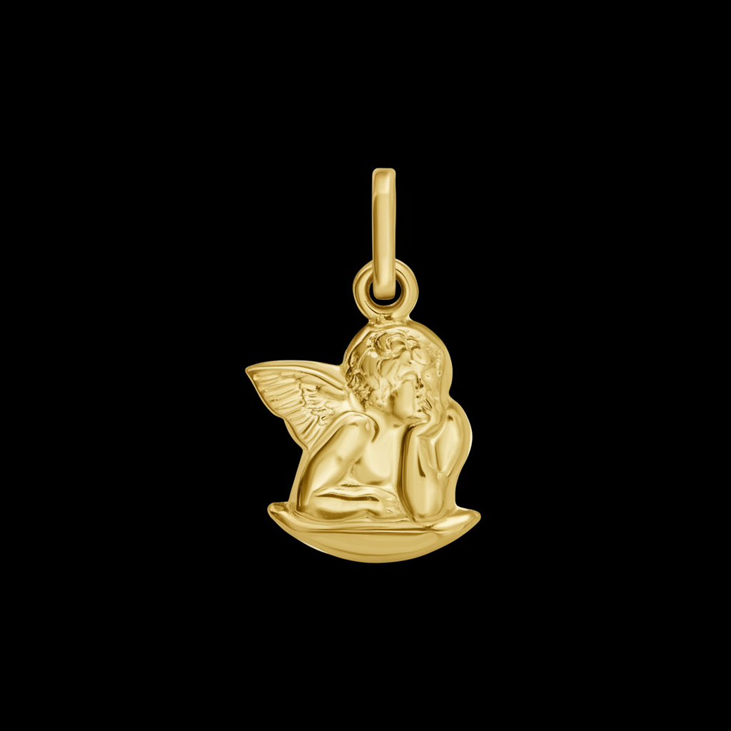 A polished yellow gold angel pendant charm with detailed wings and a crescent moon base, shown against a solid black background.