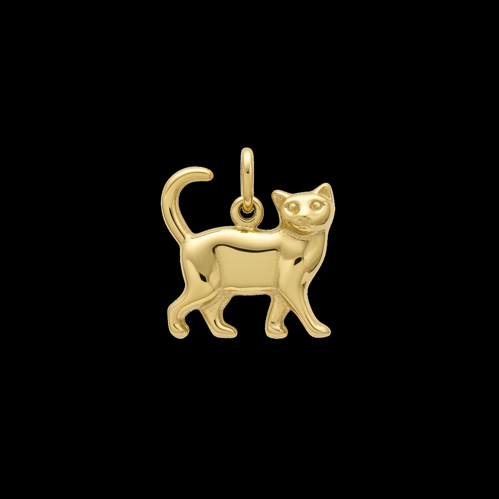 14K 14K Yellow Gold Sitting Cat Pendant on Dark Background - Fine Gold