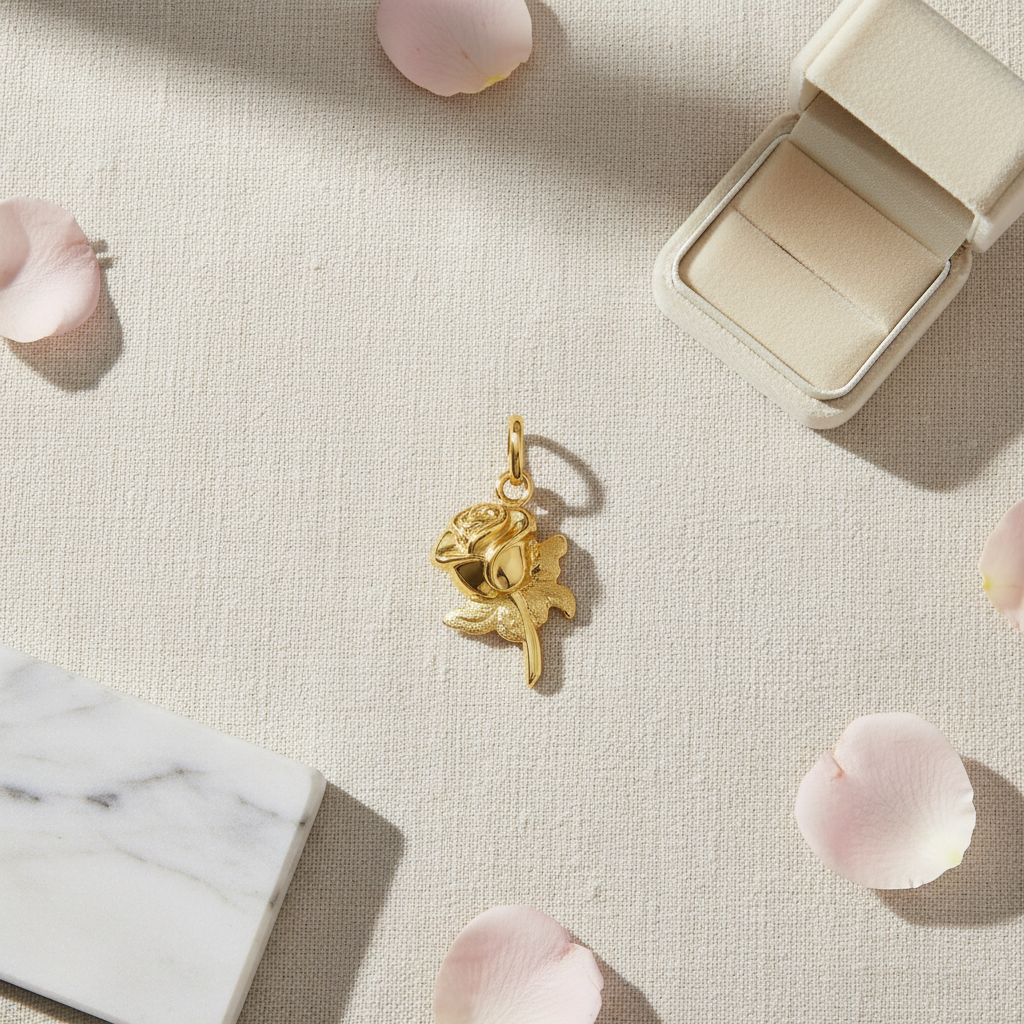 Flat lay of 14K gold rose charm pendant with blush rose petals and cream velvet ring box