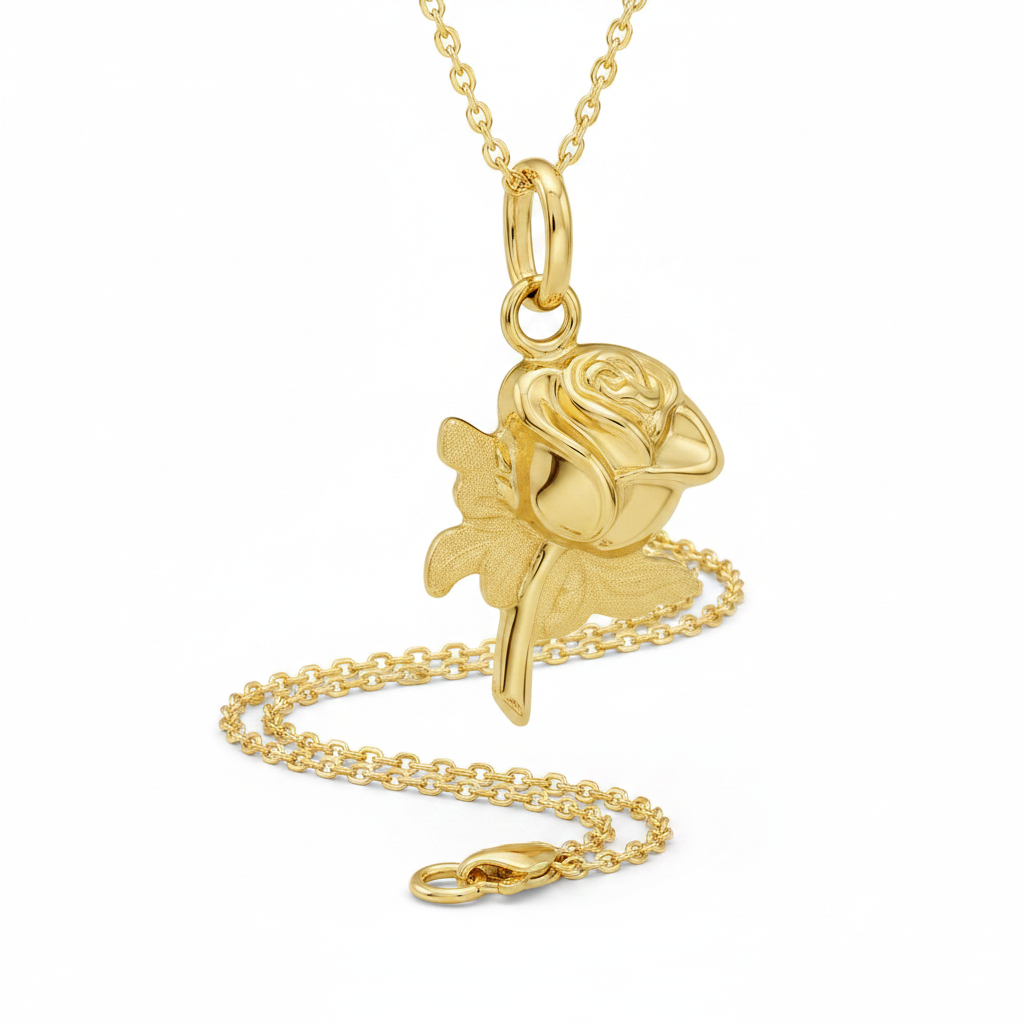 A polished yellow gold necklace featuring a detailed rose pendant, displayed on a clean white background.