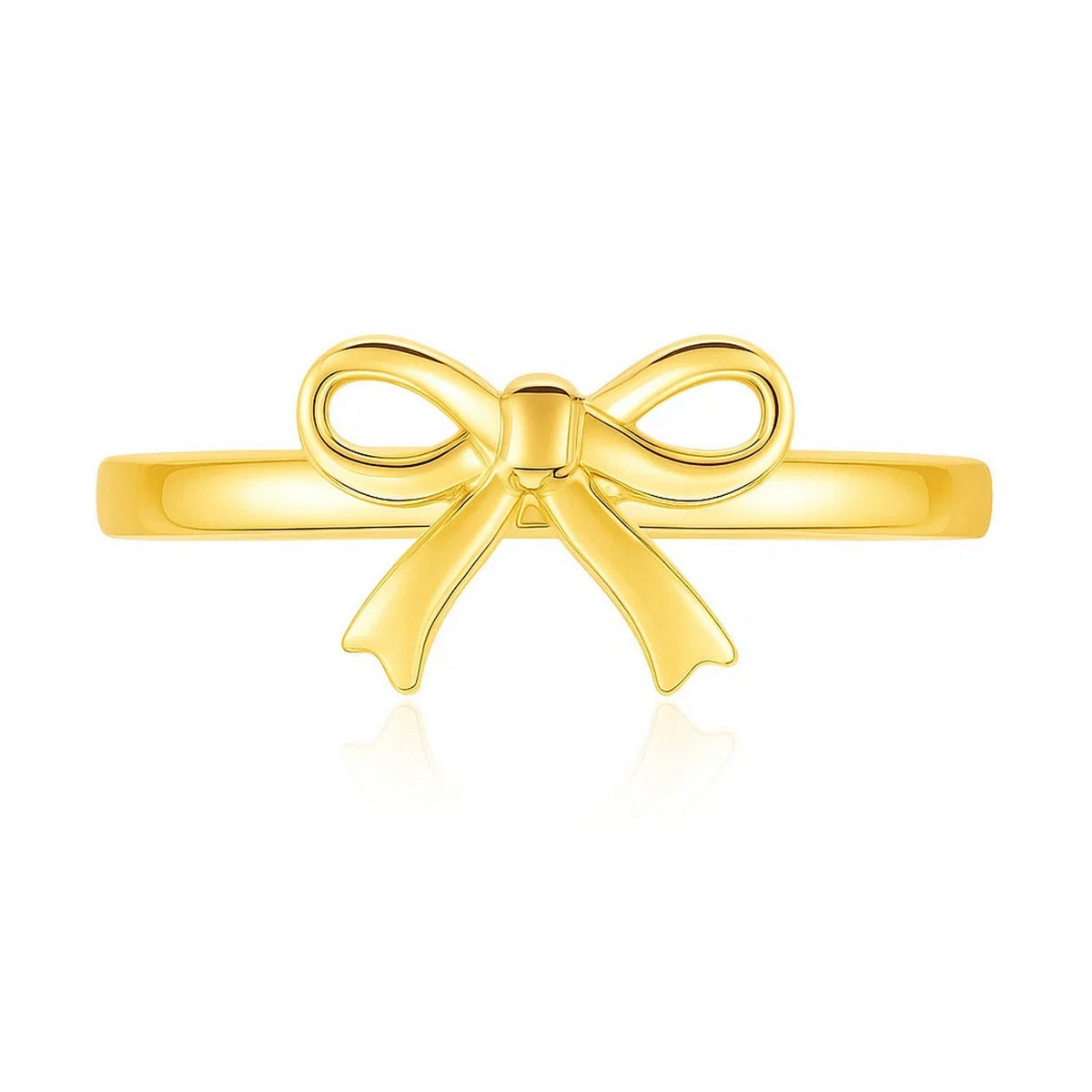 14K yellow gold bow ring detail view showing bow motif and polished finish