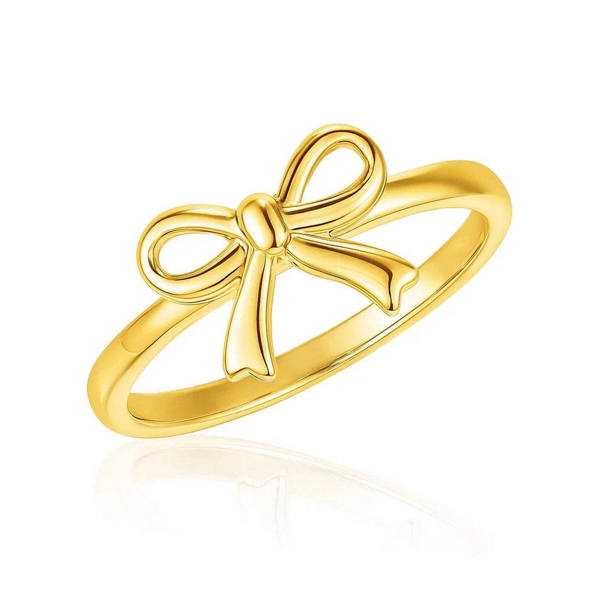 14K yellow gold bow ring with polished flat band and lapped edges, studio white background 36866