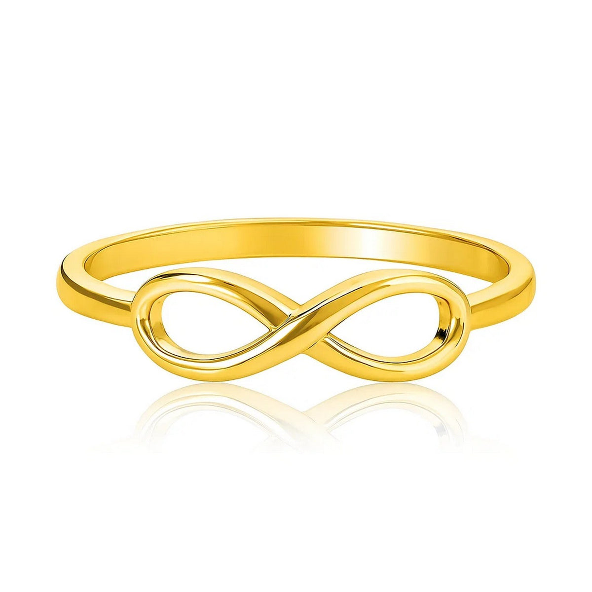 14K yellow gold infinity ring close-up showing polished infinity motif and bright finish at savannah lane jewelry
