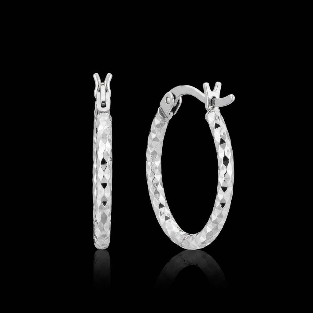 Savannah Lane Jewelry 925 sterling silver rhodium-plated diamond cut oval hoop earrings pair on black background