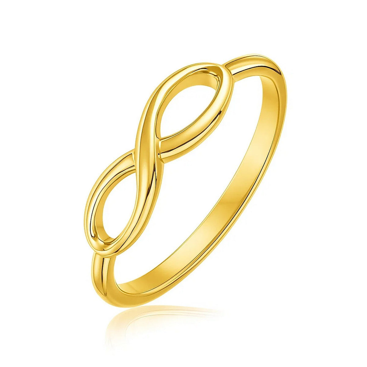 14K yellow gold polished infinity ring, high-polish finish on slim band, studio white background