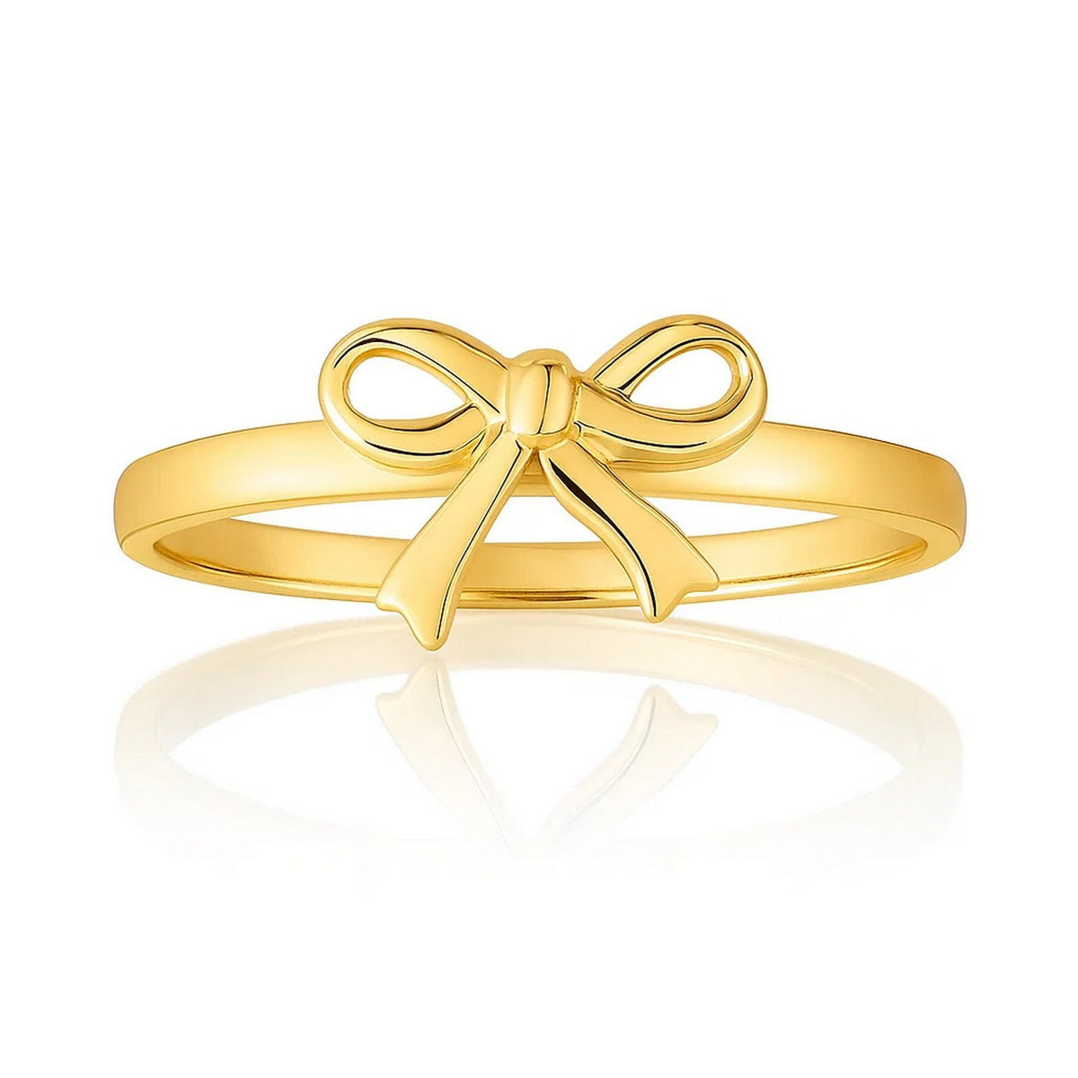 14K yellow gold bow ring side angle showing slim flat band profile 36866