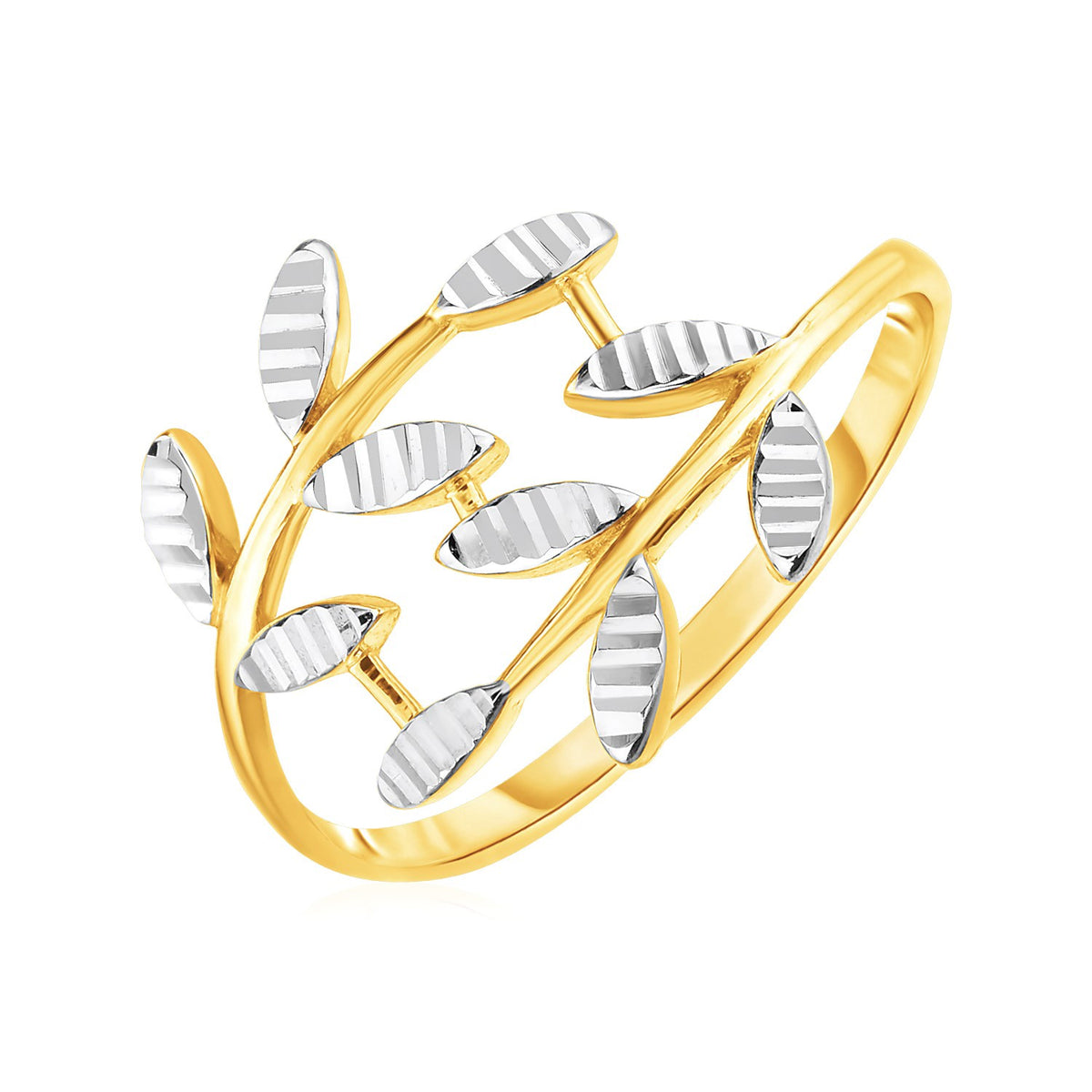 14k two-tone gold crossover band ring with textured white gold leaves 1.50mm on white background