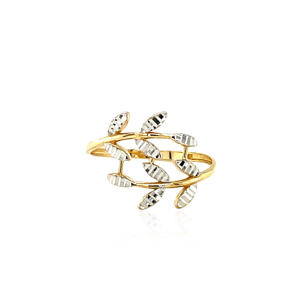 Angled view of 14k two-tone gold crossover leaf ring band size 7
