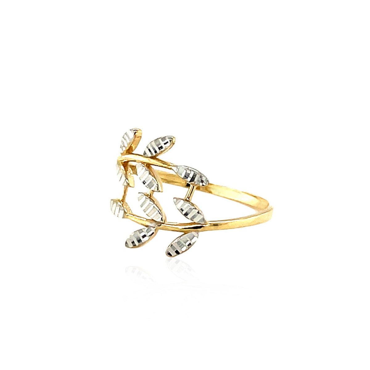 Detail view of 14k yellow and white gold textured leaf crossover ring band