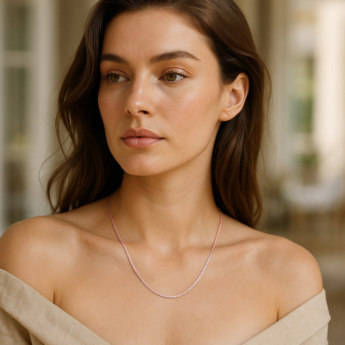 14K rose gold box chain necklace worn on neck, minimal everyday fine jewelry for women