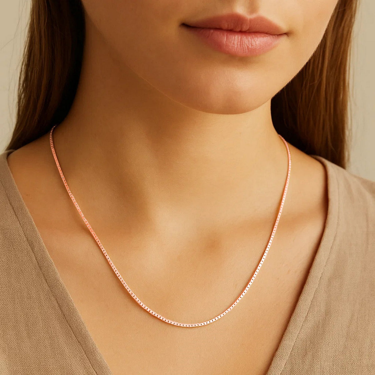 Savannah Lane Jewelry 14K rose gold box chain necklace worn on neck, minimal everyday fine jewelry for women
