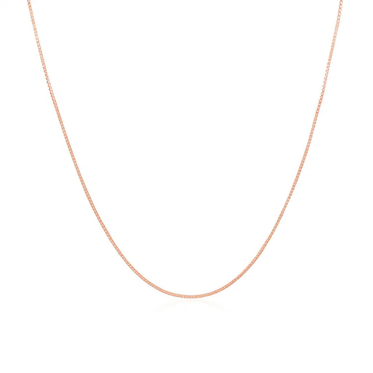 Close-up of 14K rose gold box chain links, delicate fine gold layering necklace