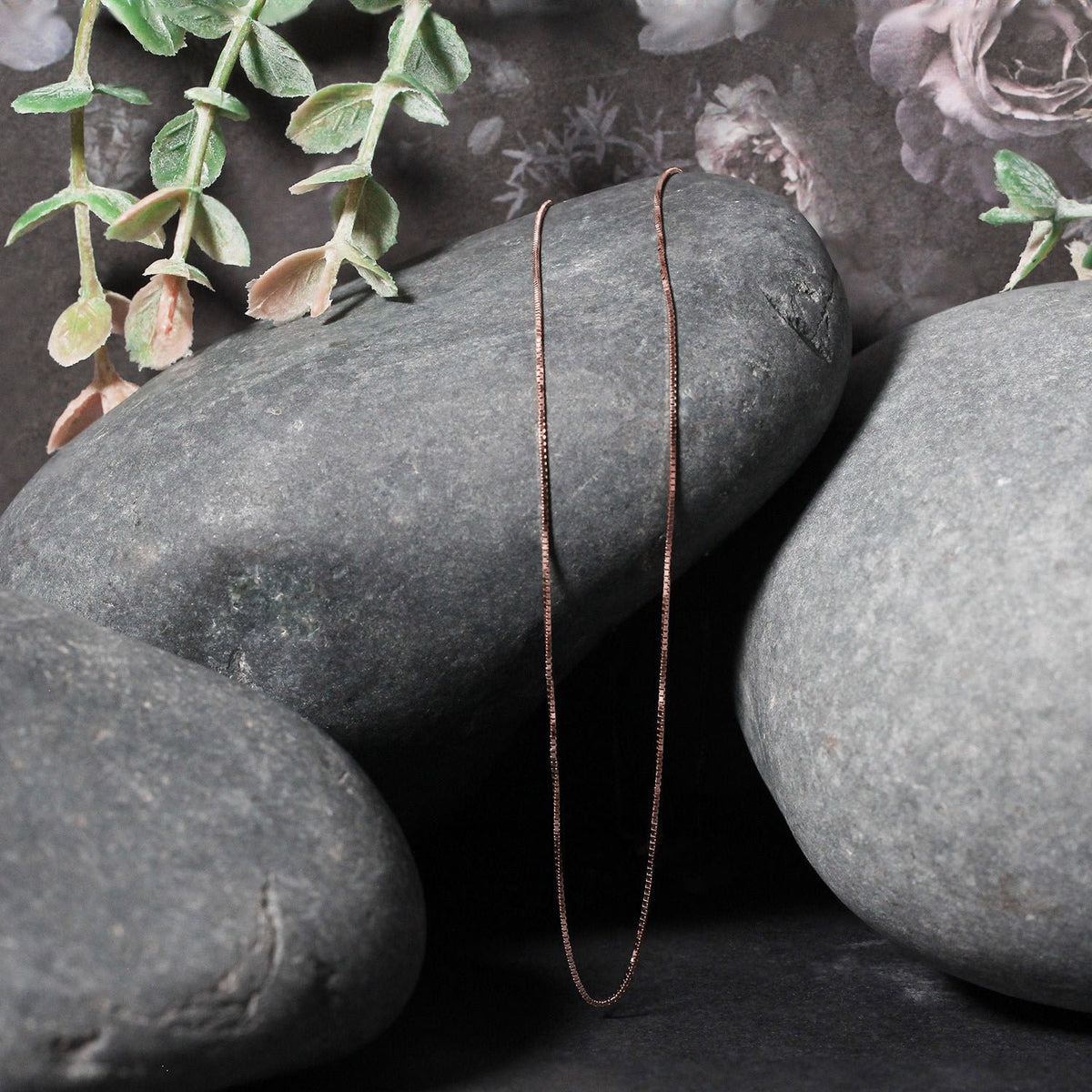 14K rose gold box chain necklace worn on neck, minimal everyday fine jewelry for women