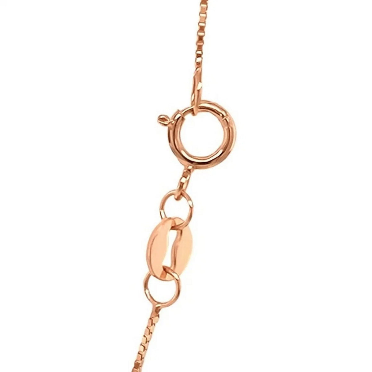 Spring ring clasp closure on 14K rose gold classic box chain necklace