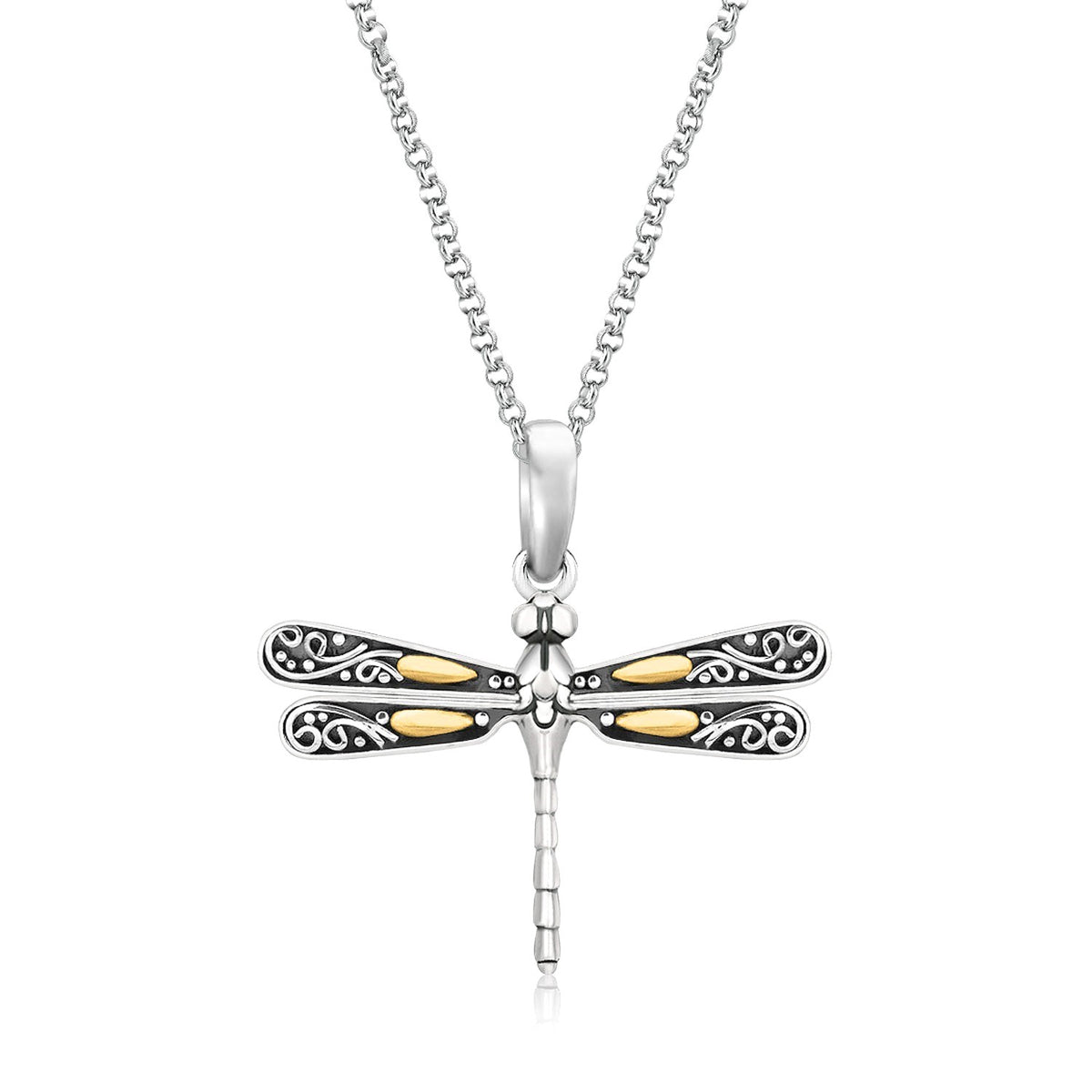 18K Yellow Gold and Sterling Silver Dragonfly Pendant on 18 inch rolo chain, two-tone fine jewelry