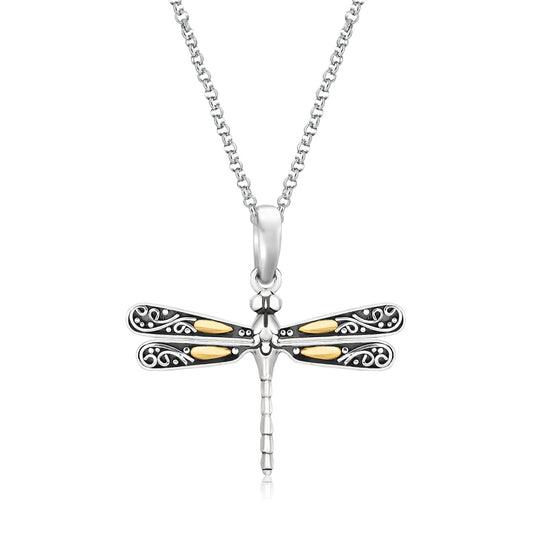 18K Yellow Gold and Sterling Silver Dragonfly Pendant on 18 inch rolo chain, two-tone fine jewelry