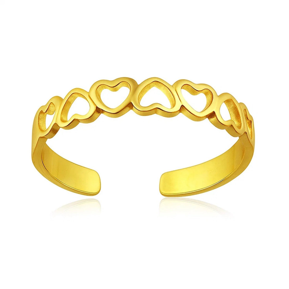 14k yellow gold heart cutout toe ring open band on white background