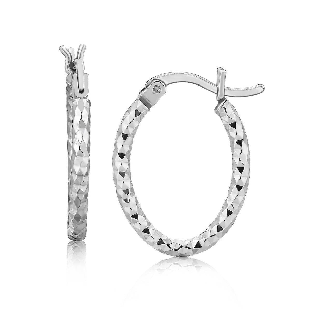 925 sterling silver rhodium plated diamond cut textured oval hoop earrings 2x10mm snap lock on white background