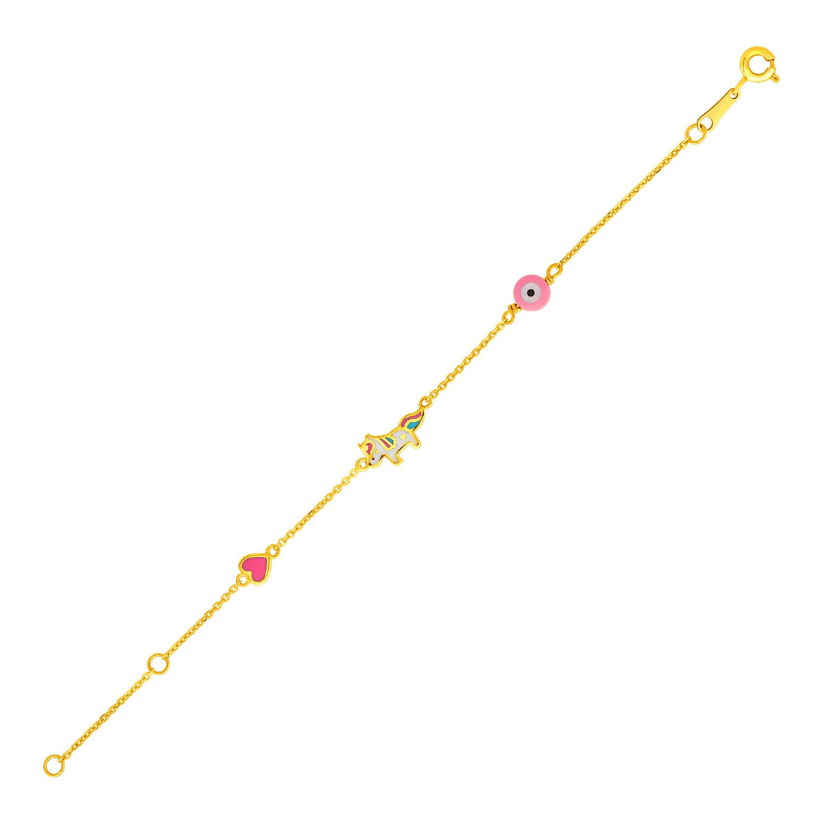 14K Yellow Gold Whimsical Enamel Charm Bracelet with Heart, Unicorn and Circle, 5.5 inch fine gold jewelry — fun, colorful, and totally on-trend