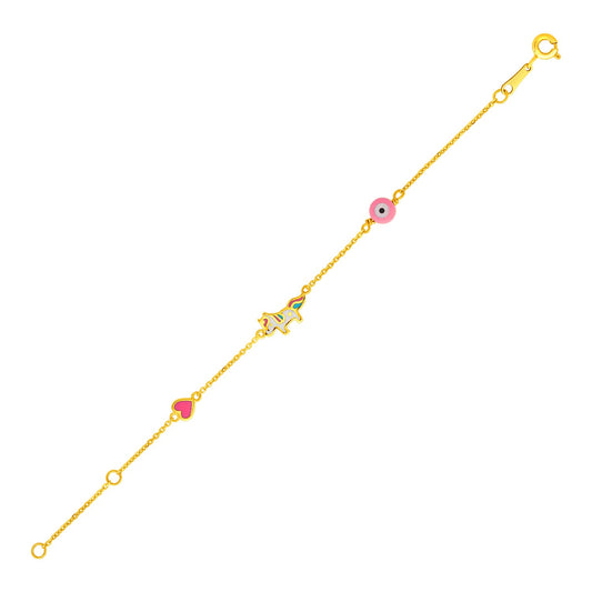 14K Yellow Gold Whimsical Enamel Charm Bracelet with Heart, Unicorn and Circle, 5.5 inch fine gold jewelry — fun, colorful, and totally on-trend
