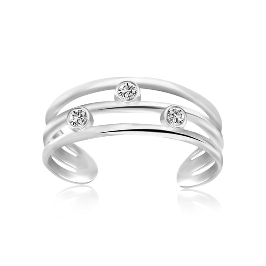 Sterling silver rhodium triple line open toe ring with cubic zirconia on white background