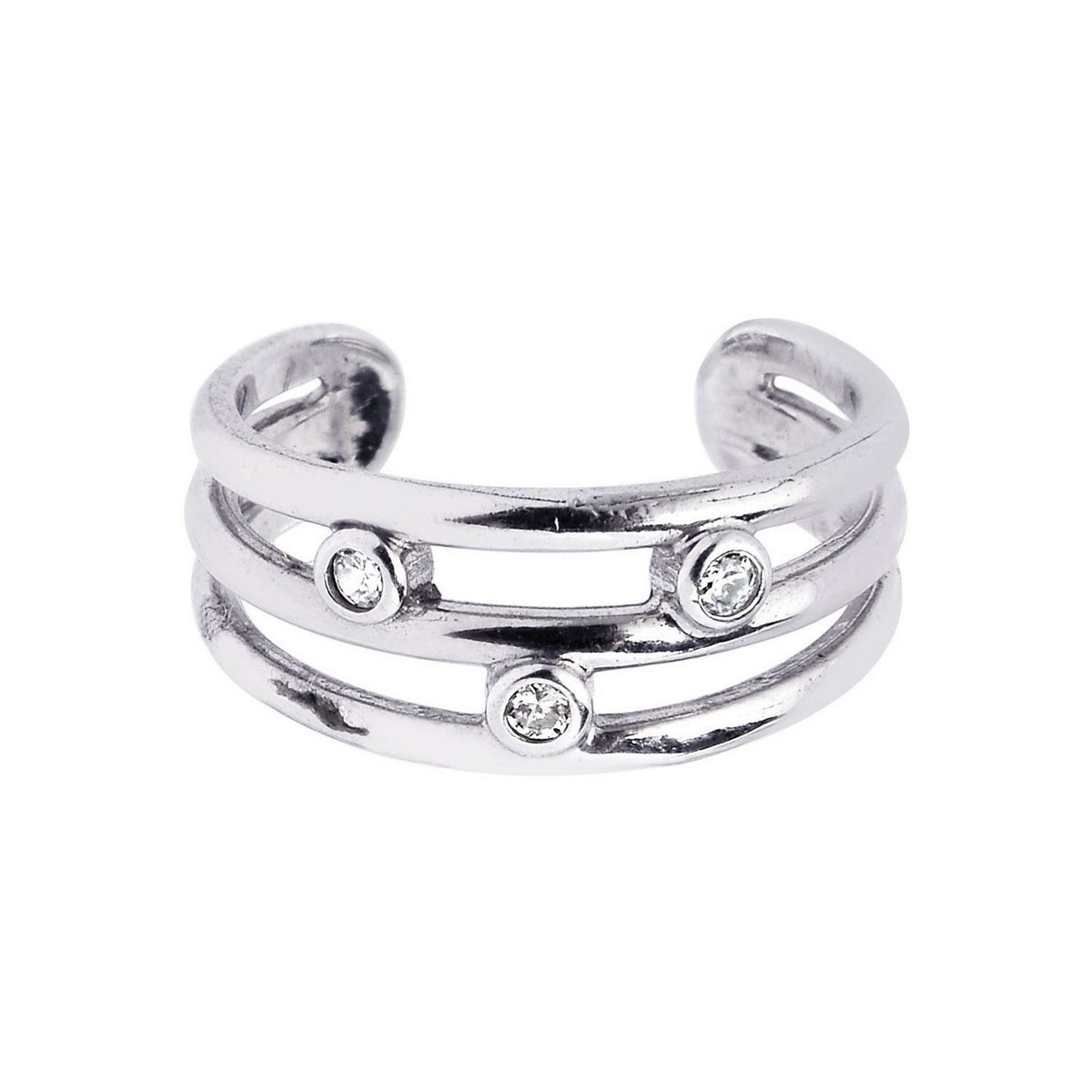 Angled view of sterling silver rhodium plated triple line CZ toe ring open band