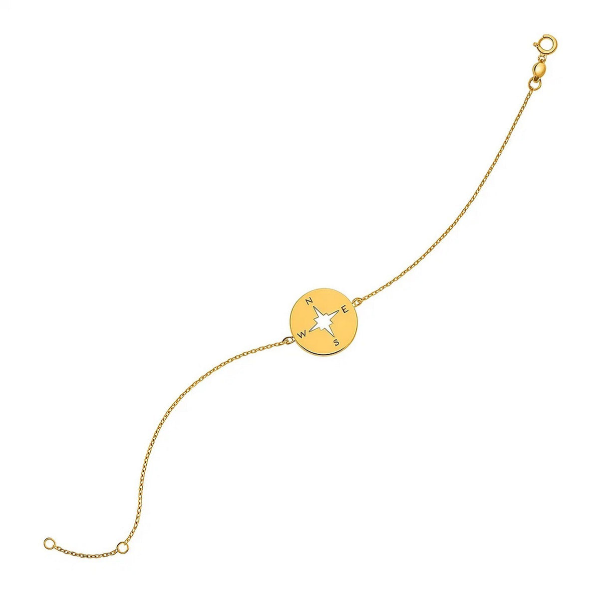 14K Yellow Gold Compass Charm Bracelet, 1.00mm link chain, 7 inch length with spring ring clasp