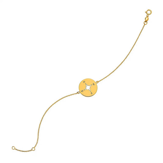14K Yellow Gold Compass Charm Bracelet, 1.00mm link chain, 7 inch length with spring ring clasp