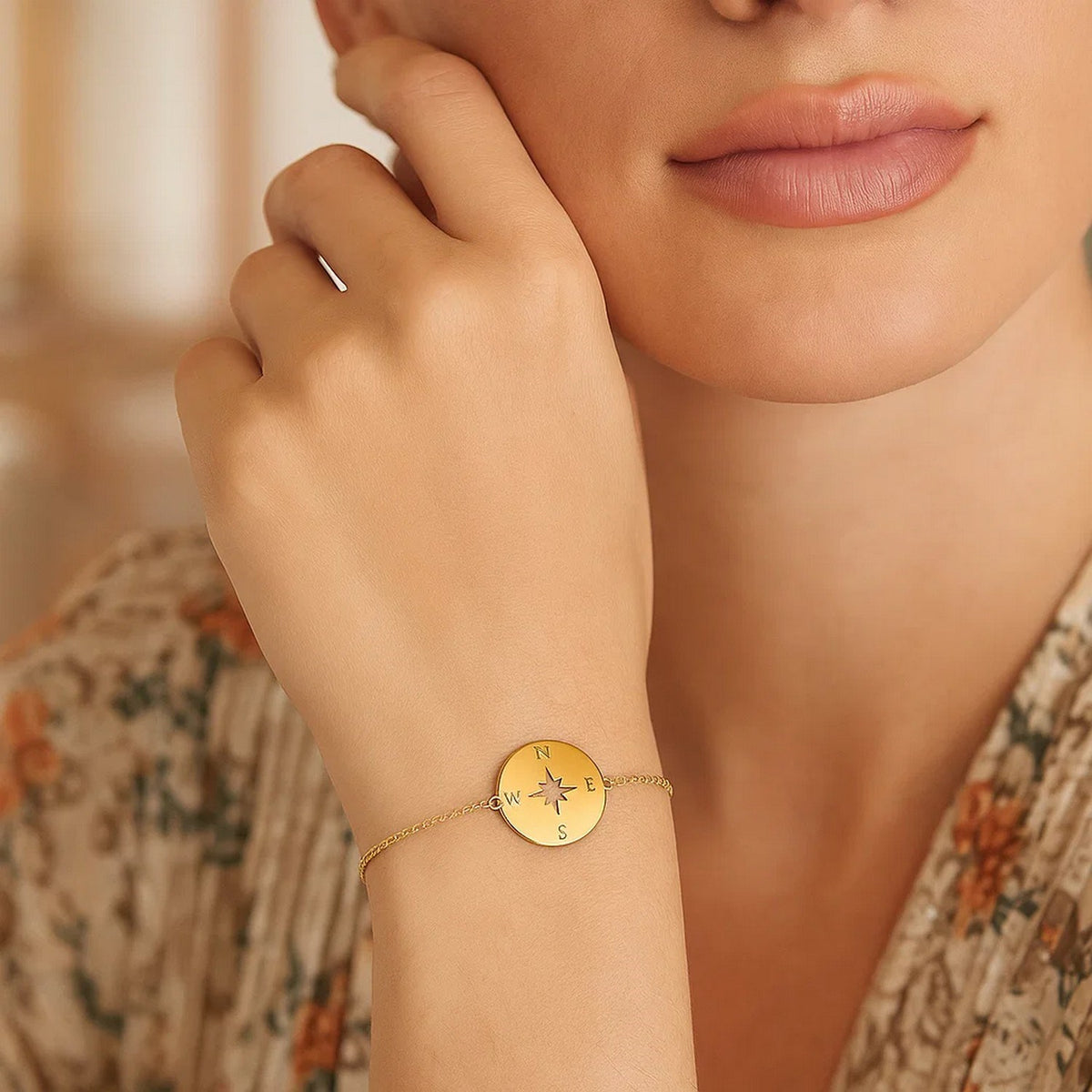 14K yellow gold compass bracelet worn on wrist, fine jewelry gift for women, Savannah Lane Jewelry
