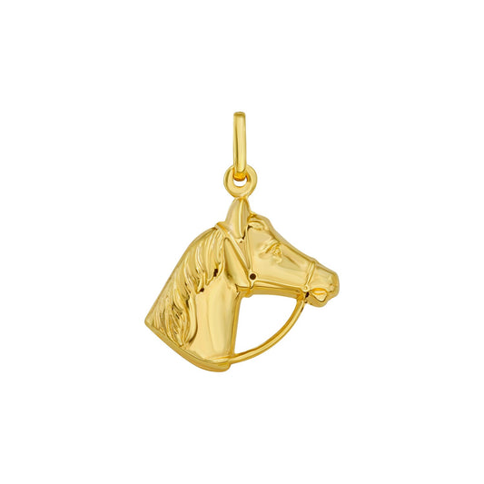 14K yellow gold horse face charm pendant on a white background, showing its polished finish and detailed charm design