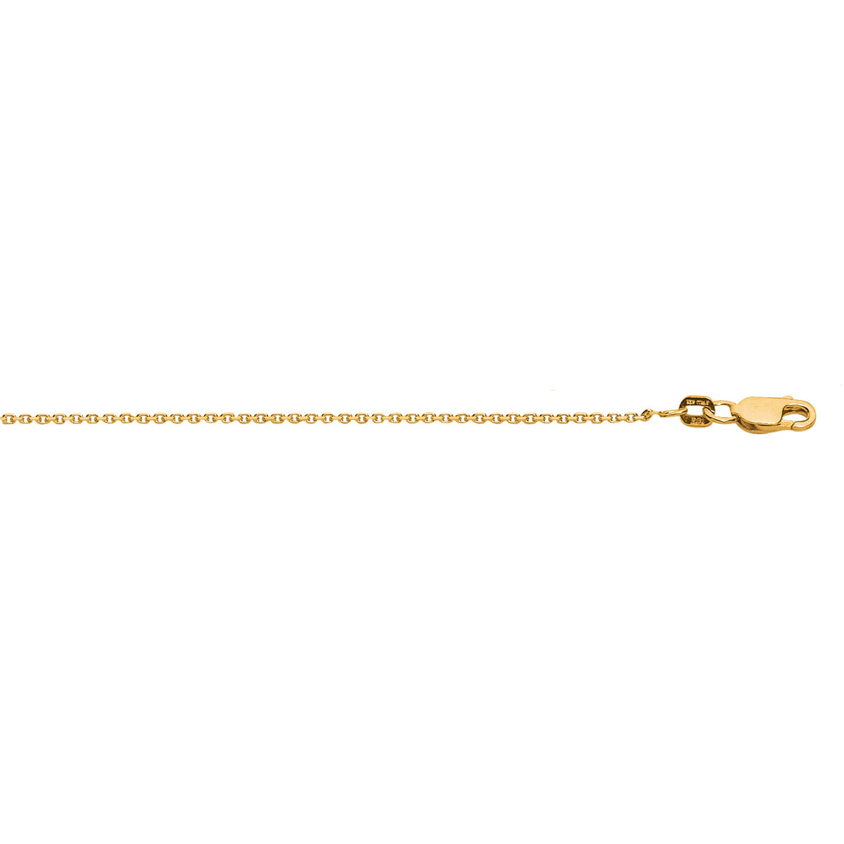 Full length view of 1.40mm yellow gold plated sterling silver diamond cut cable chain necklace with lobster clasp, gifts for her