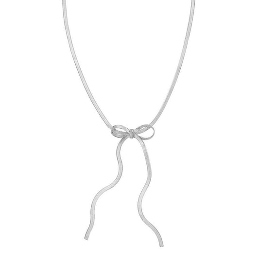 Sterling Silver Rhodium Plated Snake Bow Necklace, 18 inch snake chain with bow centerpiece