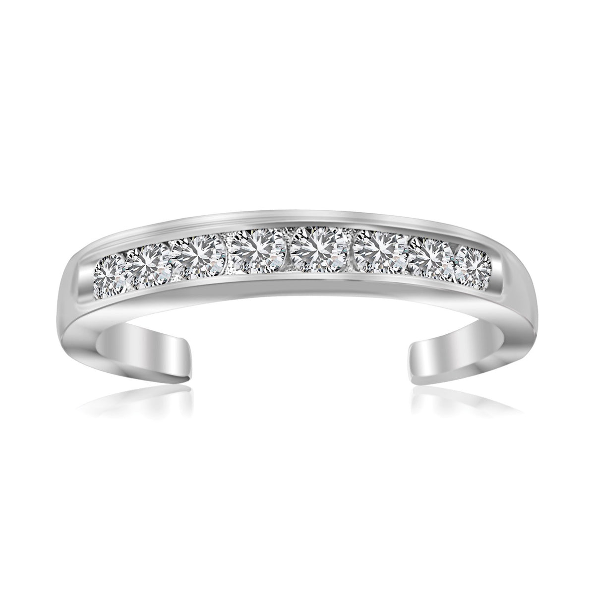Sterling silver rhodium channel set cubic zirconia toe ring on white background