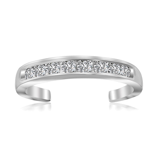 Sterling silver rhodium channel set cubic zirconia toe ring on white background