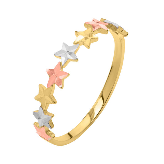 10k tri color gold star band ring with diamond cut finish on plain white background