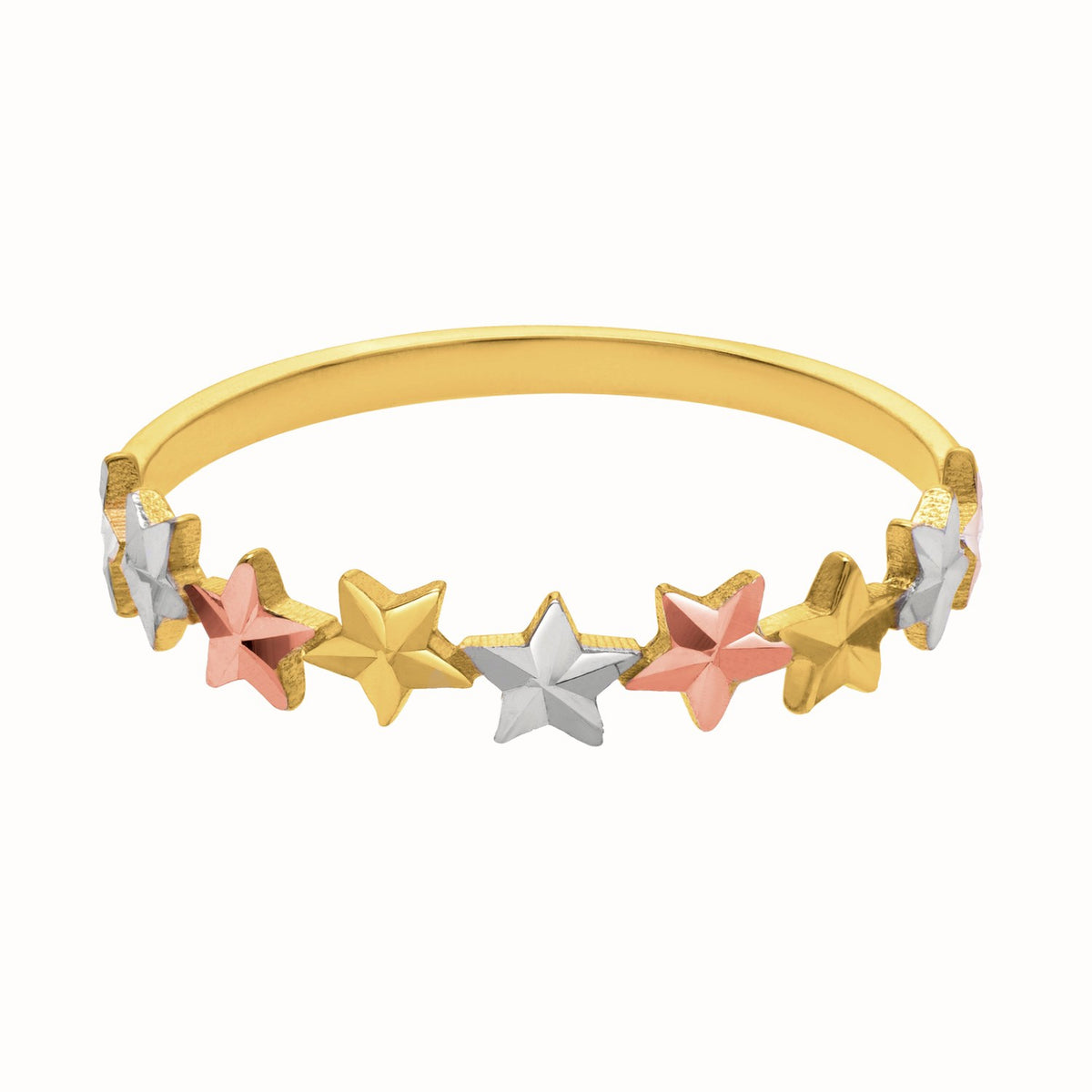 Close-up detail of 10k tri color gold diamond cut star band ring