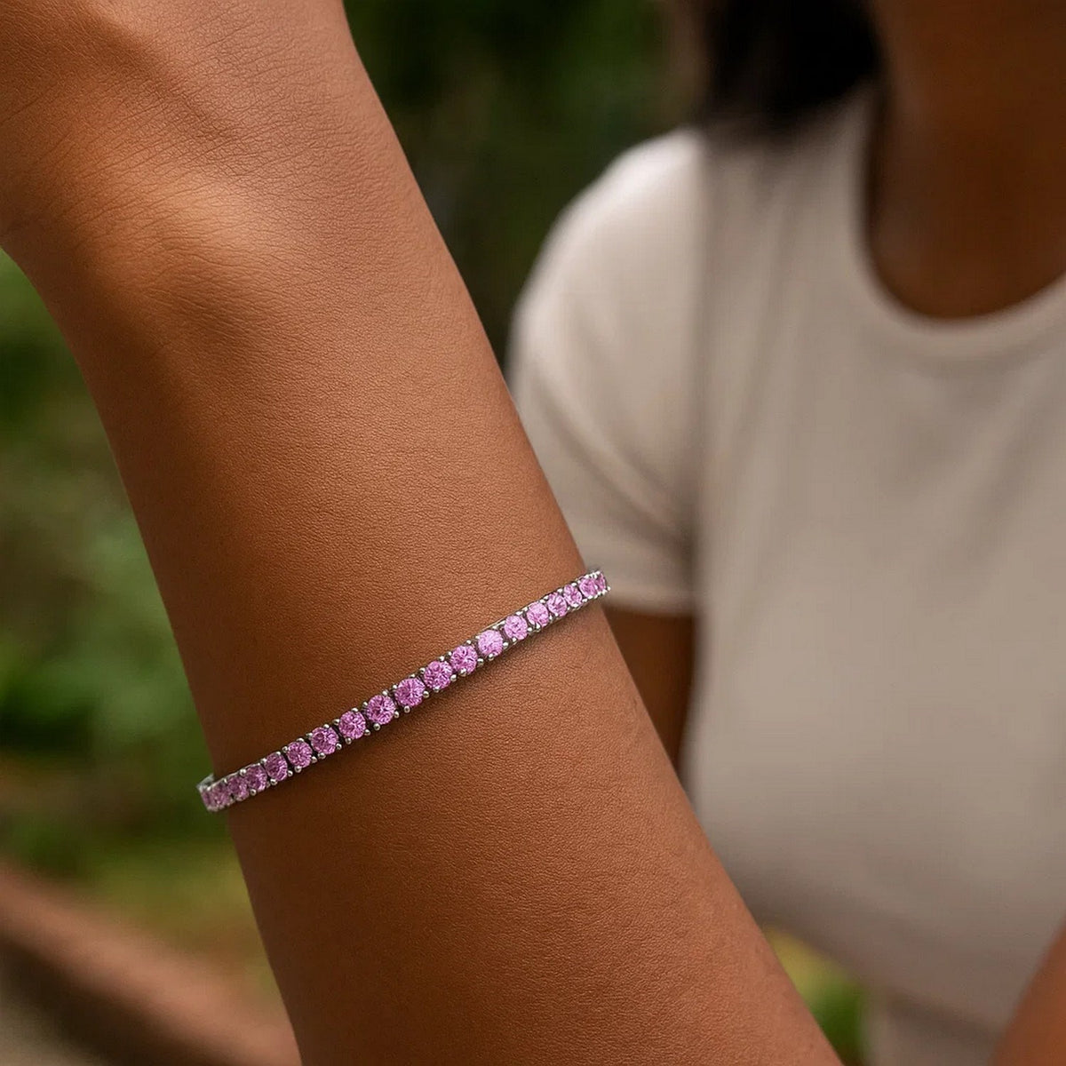 Sterling silver pink CZ tennis bracelet continuous stone line rhodium finish