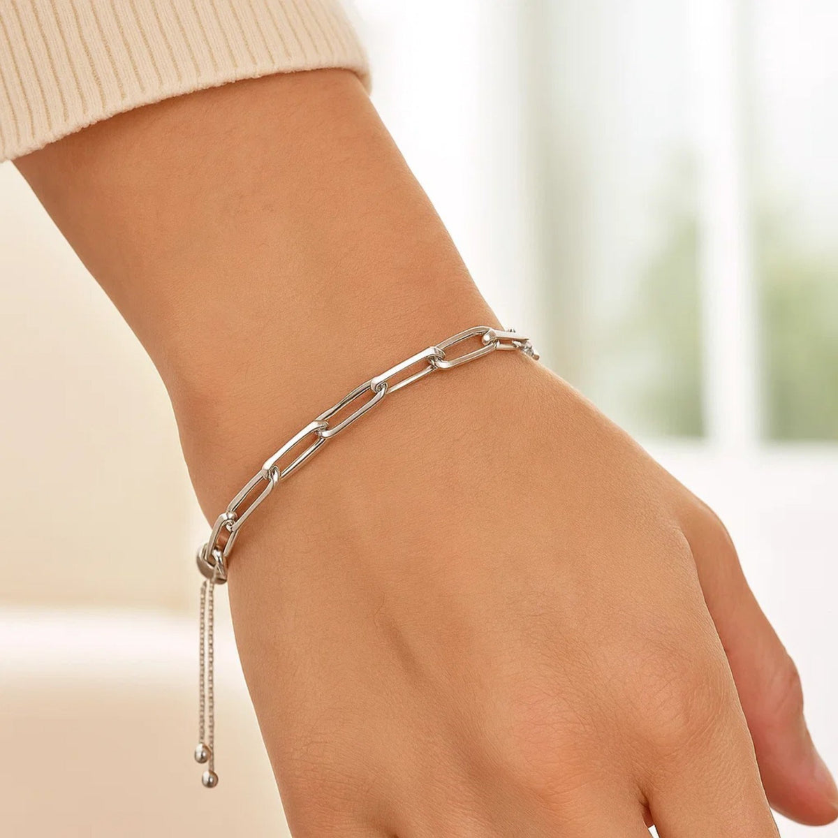 3.80mm Sterling Silver Paperclip Bracelet with drawing clasp - adjustable jewelry.