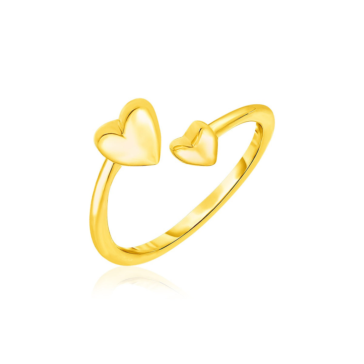 14k yellow gold bypass style toe ring with polished hearts on plain background