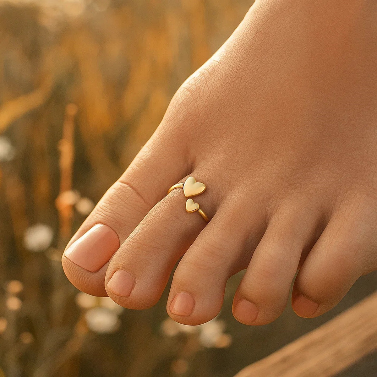 Side angle view of 14k gold heart toe ring on foot