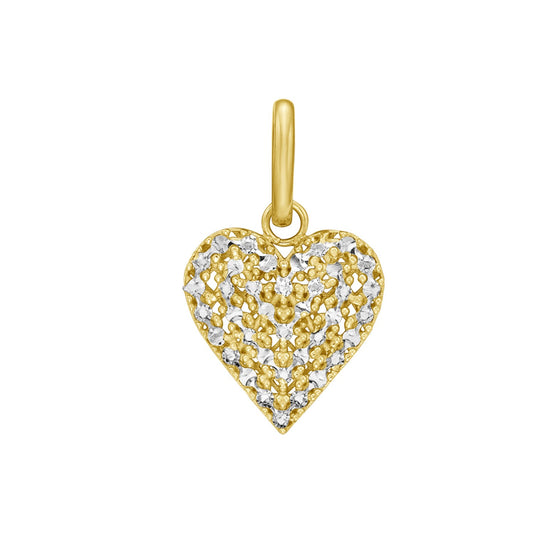 14k yellow gold diamond cut pave heart charm on plain white background